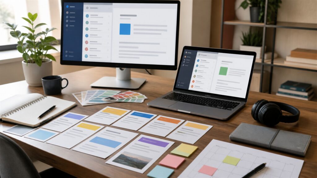 unbranded email marketing workspace with blank campaign dashboard, email preview cards, calendar, headset, and analytics monitor for a lead generation buying decision