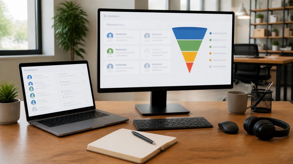 unbranded email marketing workspace with blank campaign dashboard, email preview cards, calendar, headset, and analytics monitor for a sales pipelines buying decision