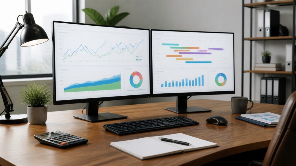unbranded email marketing workspace with blank campaign dashboard, email preview cards, calendar, headset, and analytics monitor for a small teams buying decision