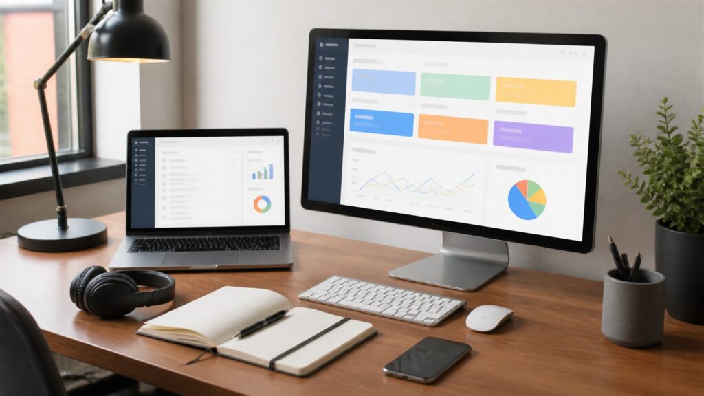 unbranded email marketing workspace with blank campaign dashboard, email preview cards, calendar, headset, and analytics monitor for a general selection buying decision