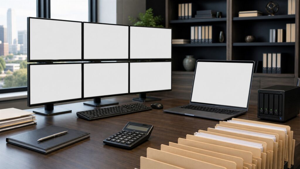 unbranded enterprise finance operations desk with dual blank reporting screens, secure document trays, approval tokens, calculator, and network gateway for a business size and complexity buying decision
