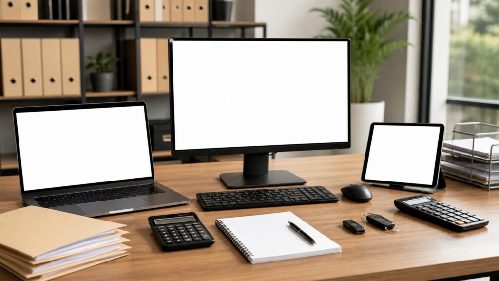 unbranded enterprise finance operations desk with dual blank reporting screens, secure document trays, approval tokens, calculator, and network gateway for a payroll and payment integrations buying decision
