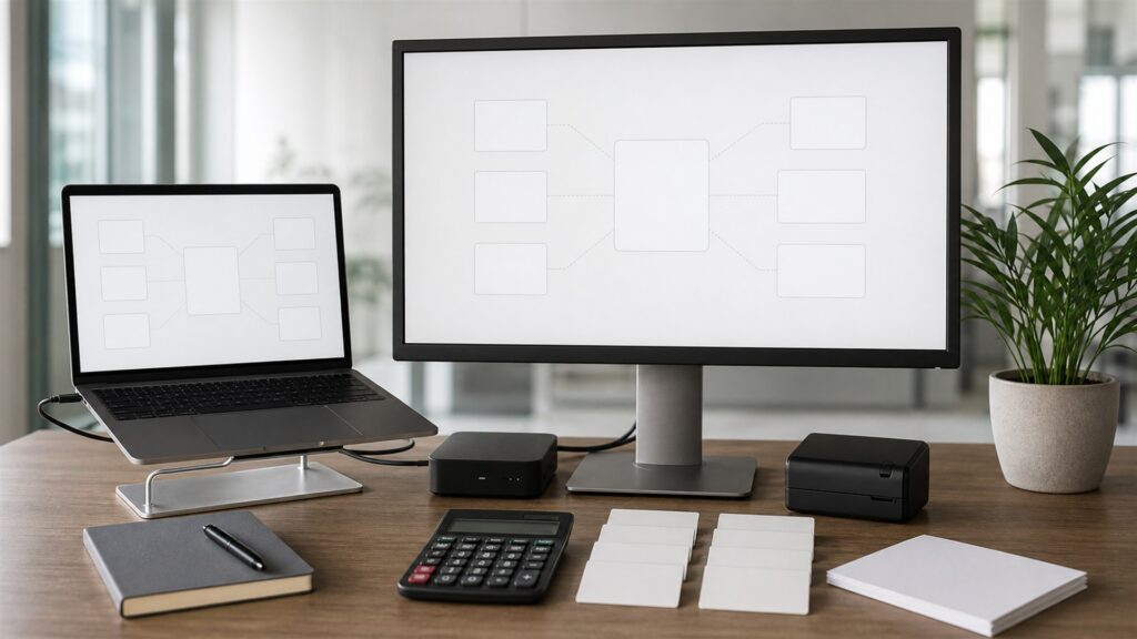 unbranded enterprise finance operations desk with dual blank reporting screens, secure document trays, approval tokens, calculator, and network gateway for a tax season preparation buying decision