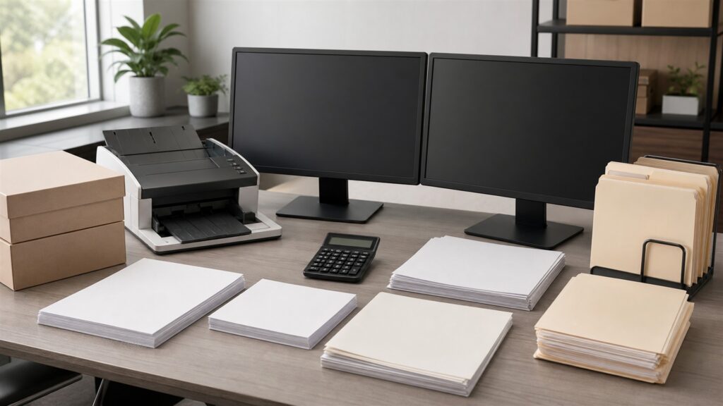 unbranded enterprise finance operations desk with dual blank reporting screens, secure document trays, approval tokens, calculator, and network gateway for a general selection buying decision