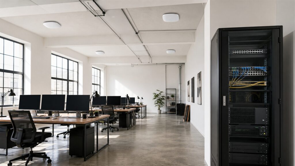 unbranded enterprise wireless access points, network switch, gateway, plain cables, and clean status lights in a modern office for a high-bandwidth workloads buying decision
