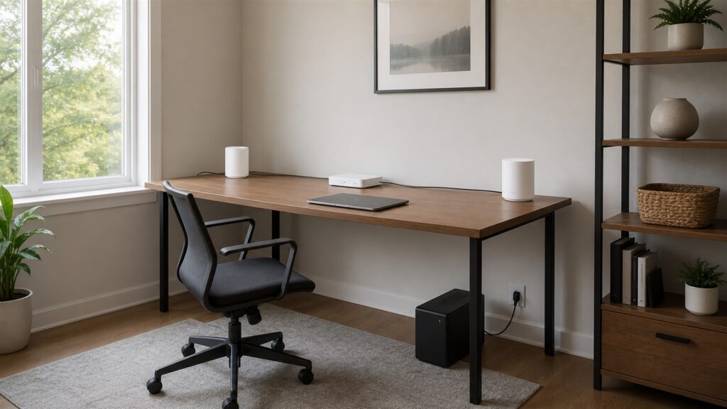unbranded enterprise wireless access points, network switch, gateway, plain cables, and clean status lights in a modern office for a remote work buying decision