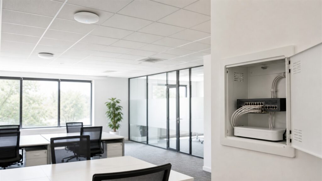 unbranded enterprise wireless access points, network switch, gateway, plain cables, and clean status lights in a modern office for a small offices buying decision