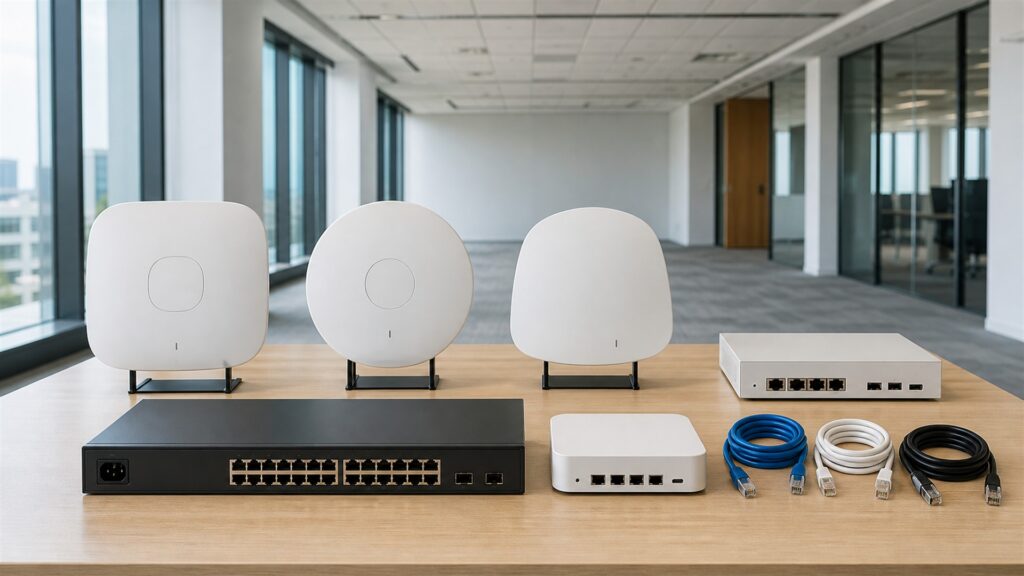 unbranded enterprise wireless access points, network switch, gateway, plain cables, and clean status lights in a modern office for a general selection buying decision