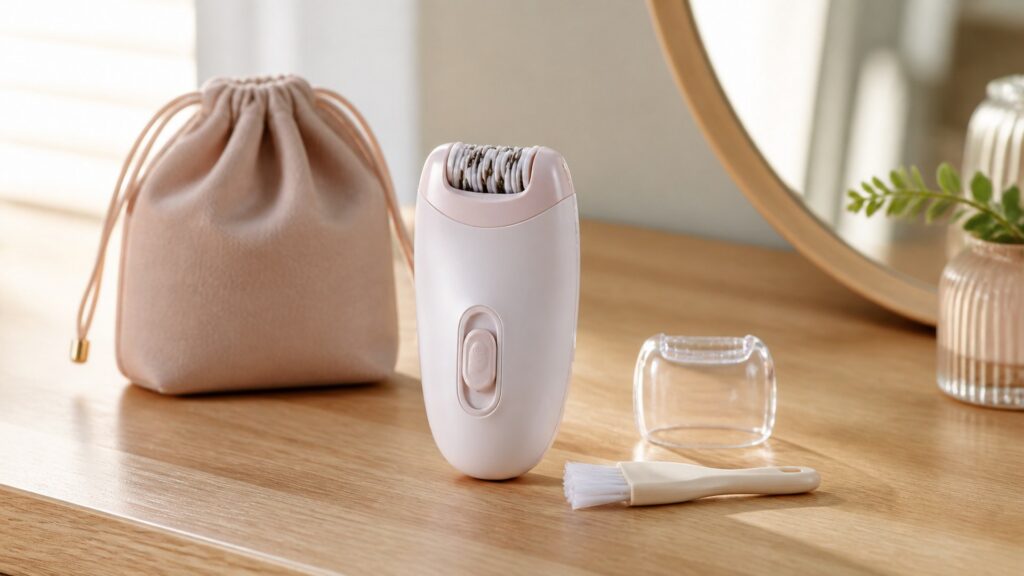 Compact unbranded epilator with precision cap, cleaning brush, and storage pouch on a dressing table