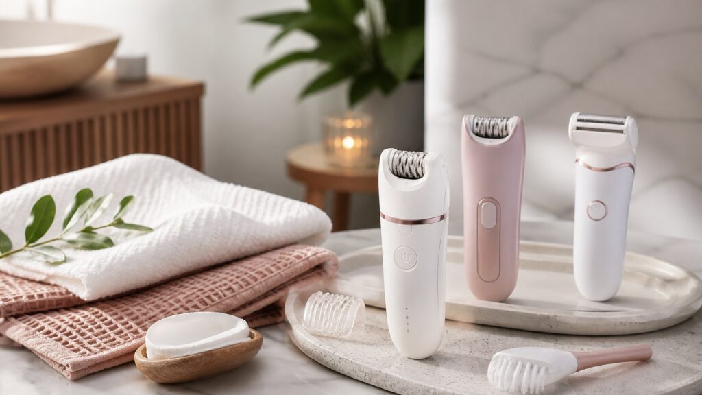 Unbranded editorial arrangement illustrating Epilators Buying Guide for Sensitive Skin