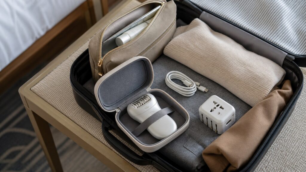 Compact unbranded epilator secured in a travel case inside an organized carry-on