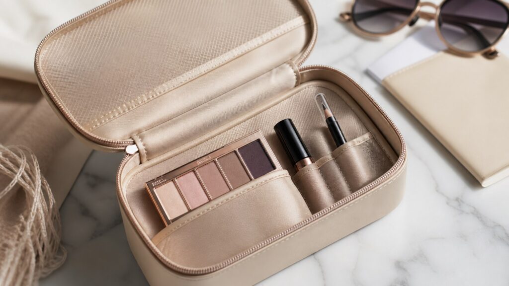 Unbranded editorial arrangement illustrating Eye Makeup Buying Guide for Travel Bags