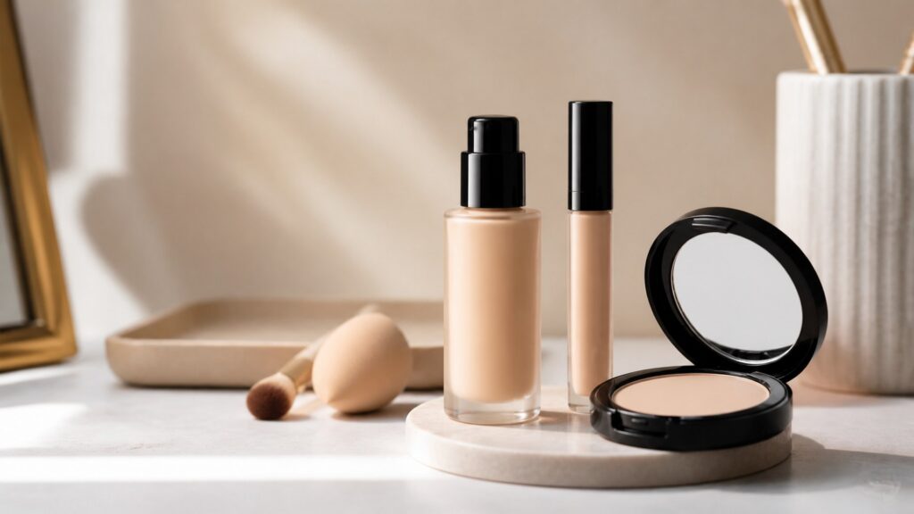 Unbranded editorial arrangement illustrating Face Makeup Buying Guide for Everyday Makeup