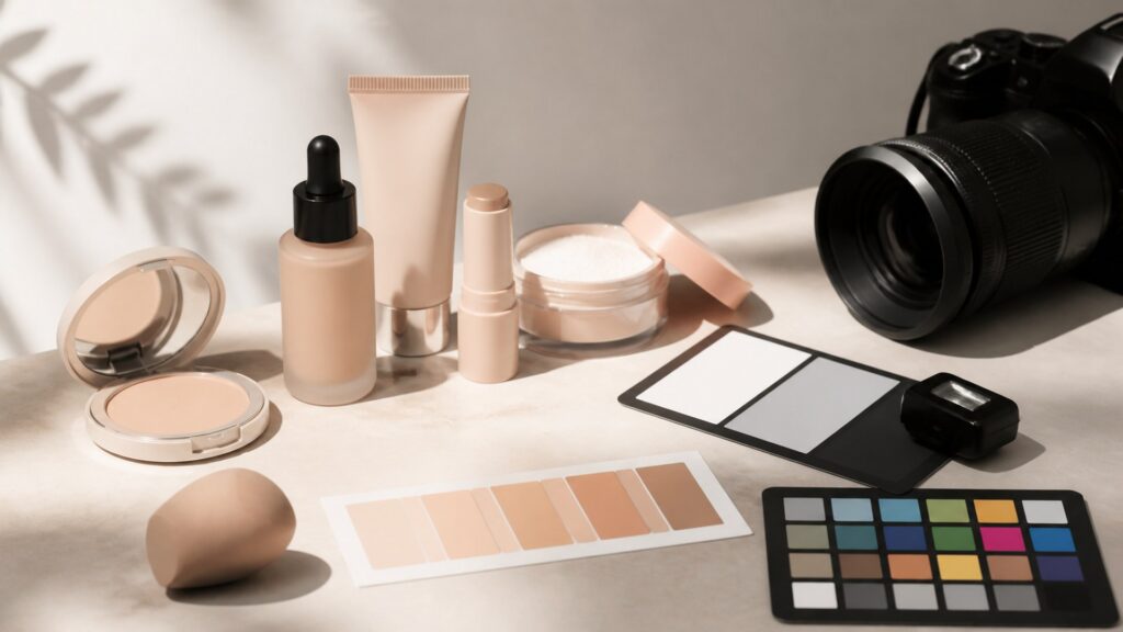 Unbranded editorial arrangement illustrating Face Makeup Buying Guide for Photo-Ready Looks
