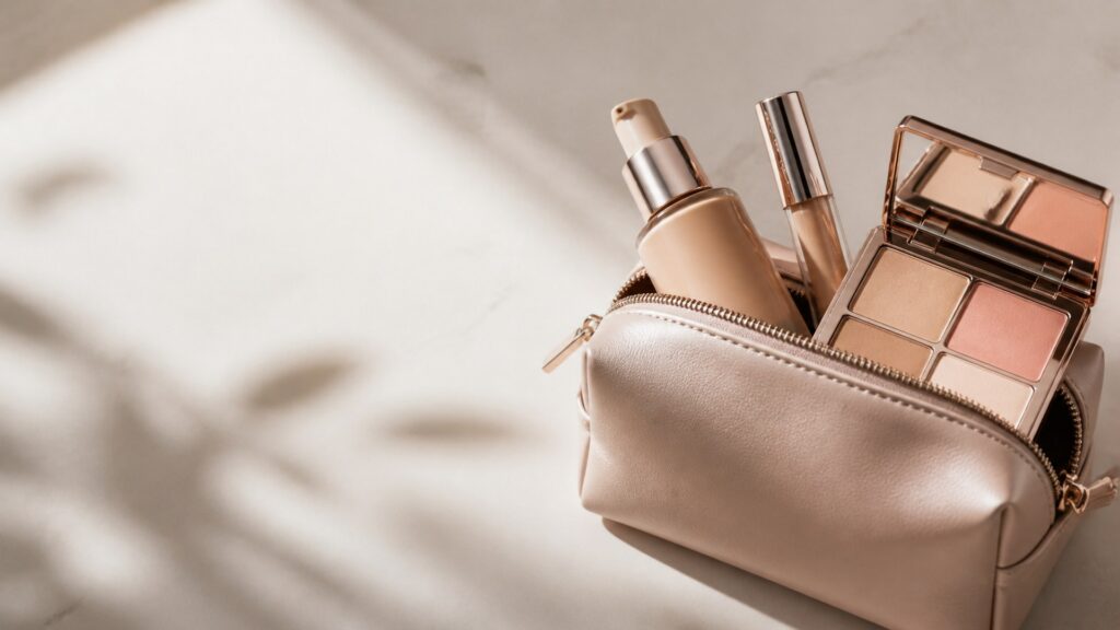 Unbranded editorial arrangement illustrating Face Makeup Buying Guide for Travel Bags
