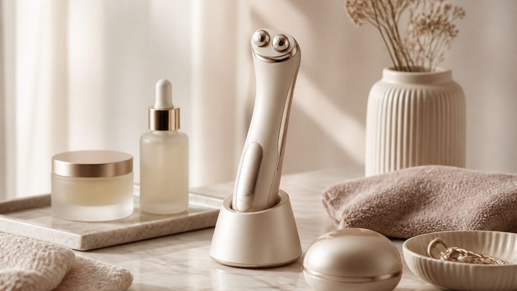 Unbranded editorial arrangement for facial treatment devices for appearance-focused routines