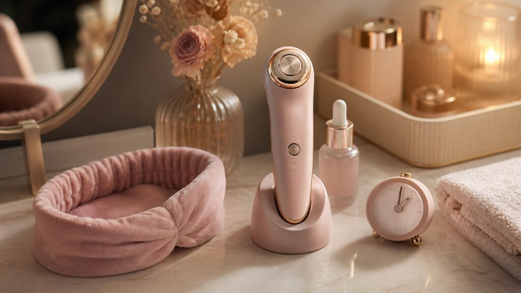 Unbranded editorial arrangement for facial treatment devices for home treatment sessions