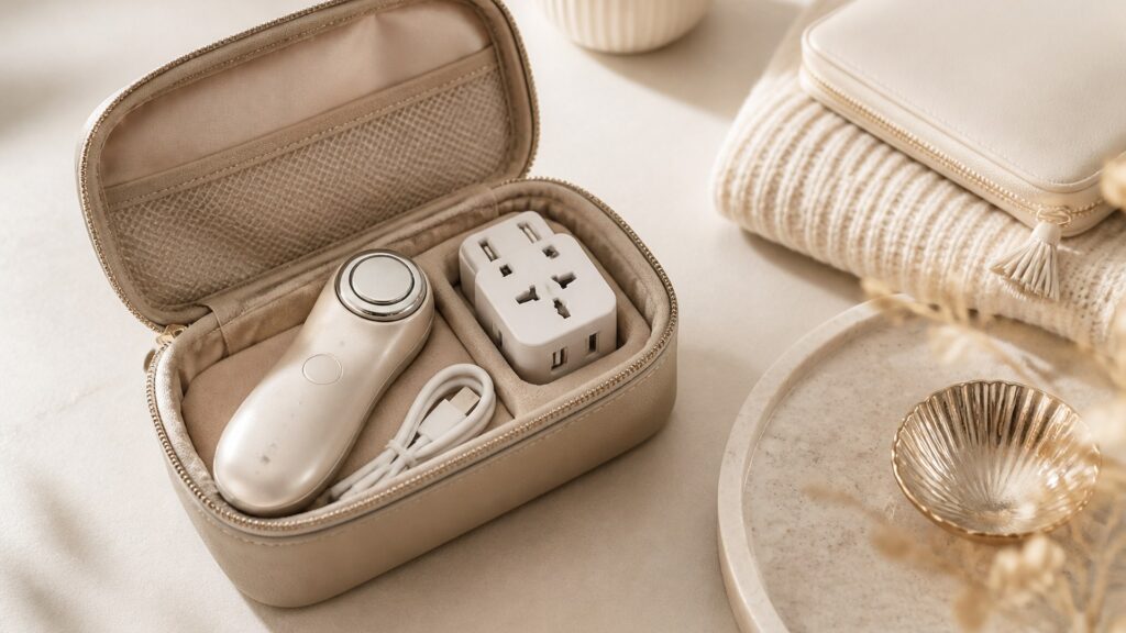 Unbranded editorial arrangement for facial treatment devices for travel