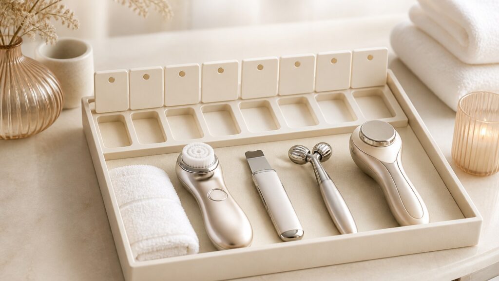 Unbranded editorial arrangement for facial treatment devices for weekly skincare