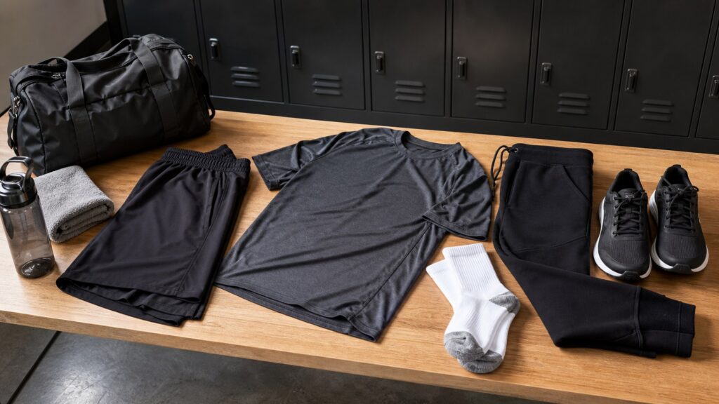 fitness apparel for men arranged in a practical buyer guide scene