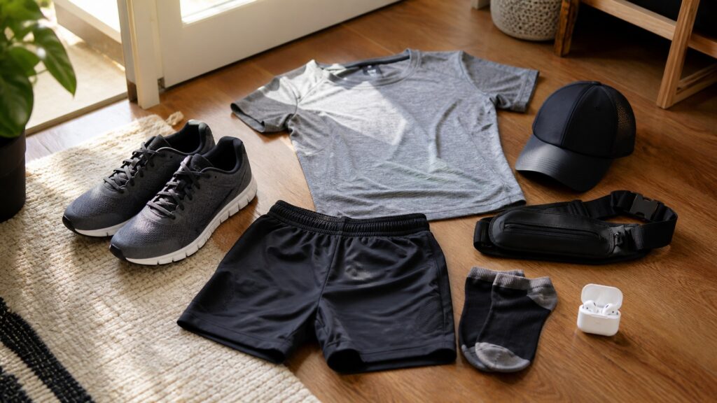 fitness apparel for running arranged in a practical buyer guide scene