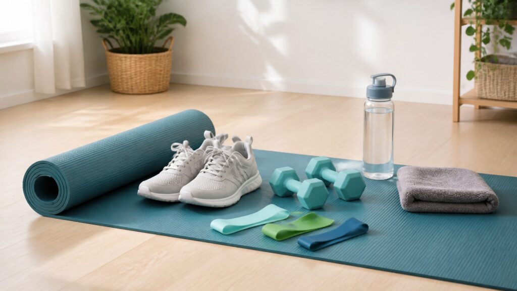 beginner-friendly fitness setup with a yoga mat, light dumbbells, resistance bands, supportive shoes, and a simple water bottle in a bright room
