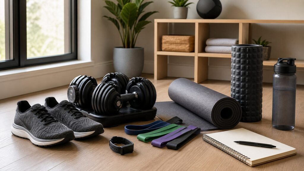 fitness products for long-term fitness goals arranged in a practical buyer guide scene