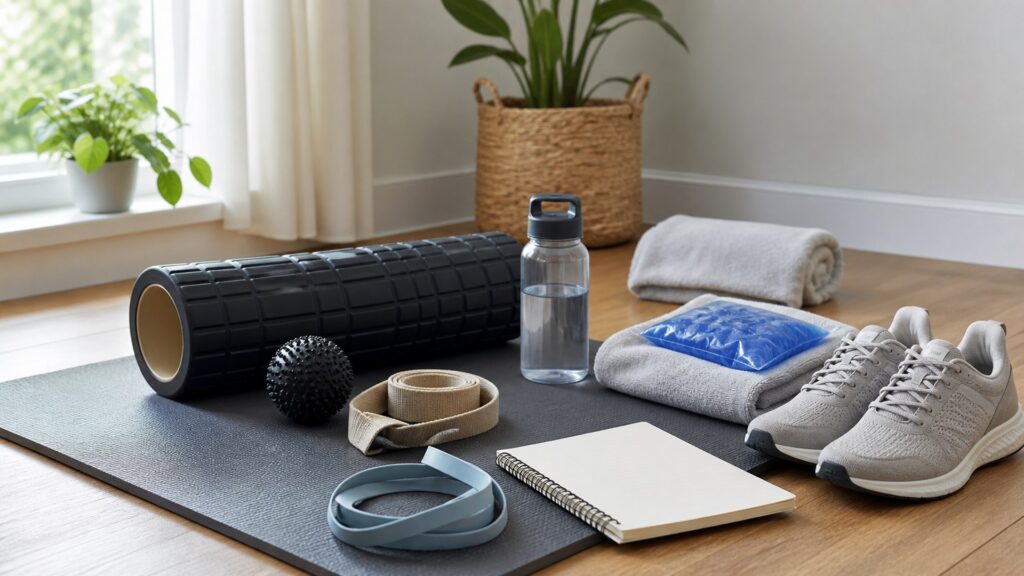 fitness products for recovery and injury prevention arranged in a practical buyer guide scene
