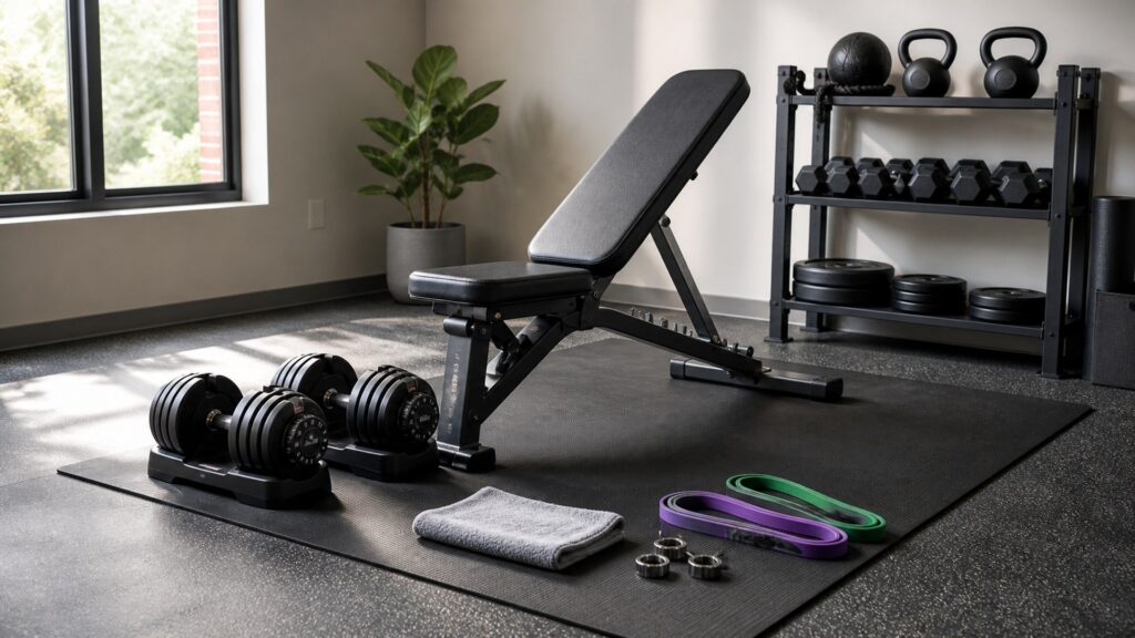 strength training fitness products in a clean home gym with adjustable dumbbells, weight bench, resistance bands, lifting mat, and storage rack