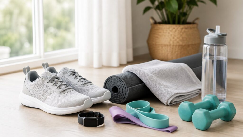 fitness products for weight loss on a clean workout floor with walking shoes, smartwatch, resistance bands, dumbbells, towel, and water bottle