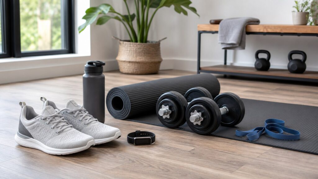 fitness products arranged for a practical home workout setup with shoes, mat, dumbbells, resistance band, water bottle, and fitness tracker