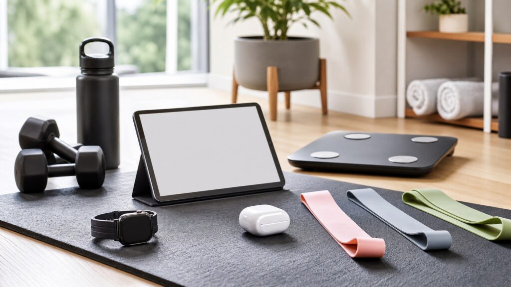fitness technology for home workouts arranged in a practical buyer guide scene