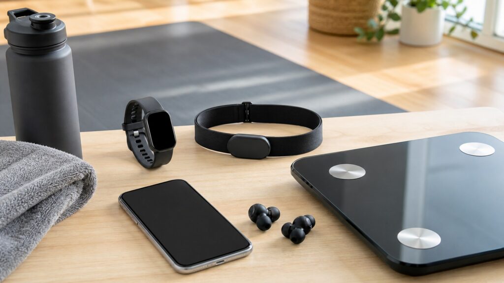 fitness technology for overall use arranged in a practical buyer guide scene