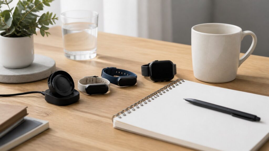 Unbranded fitness tracking devices products arranged for a careful buying comparison