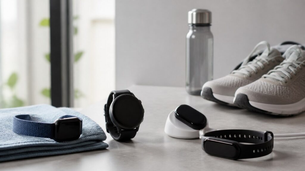 Unbranded fitness tracking devices products arranged for a careful buying comparison