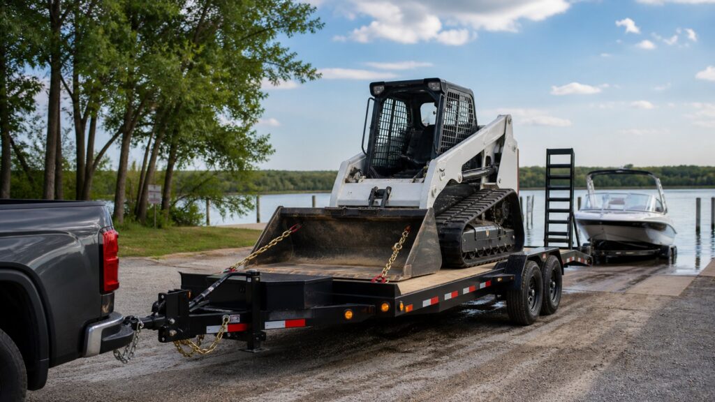 flatbed trailers shopping setup for rv and boat towing with practical vehicle-focused details