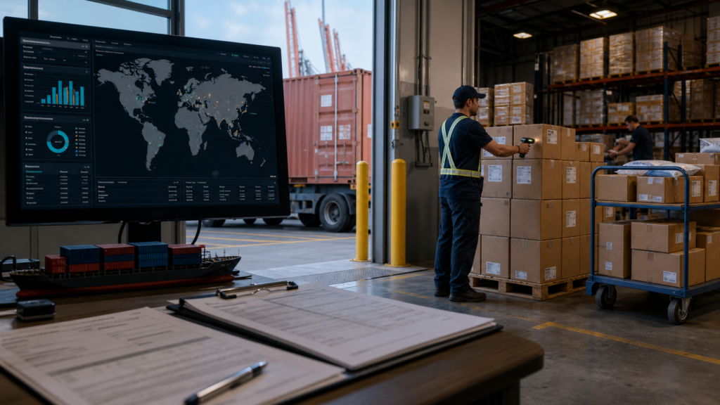 Ultra photorealistic hero image for Flexport Fulfillment Review for Global Fulfillment Services