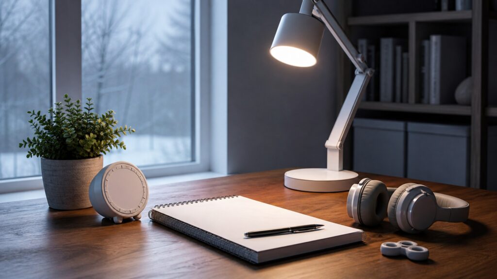 generic focus and cognitive tools with headphones, timer, tactile fidget object, blank notebook, and desk accessories