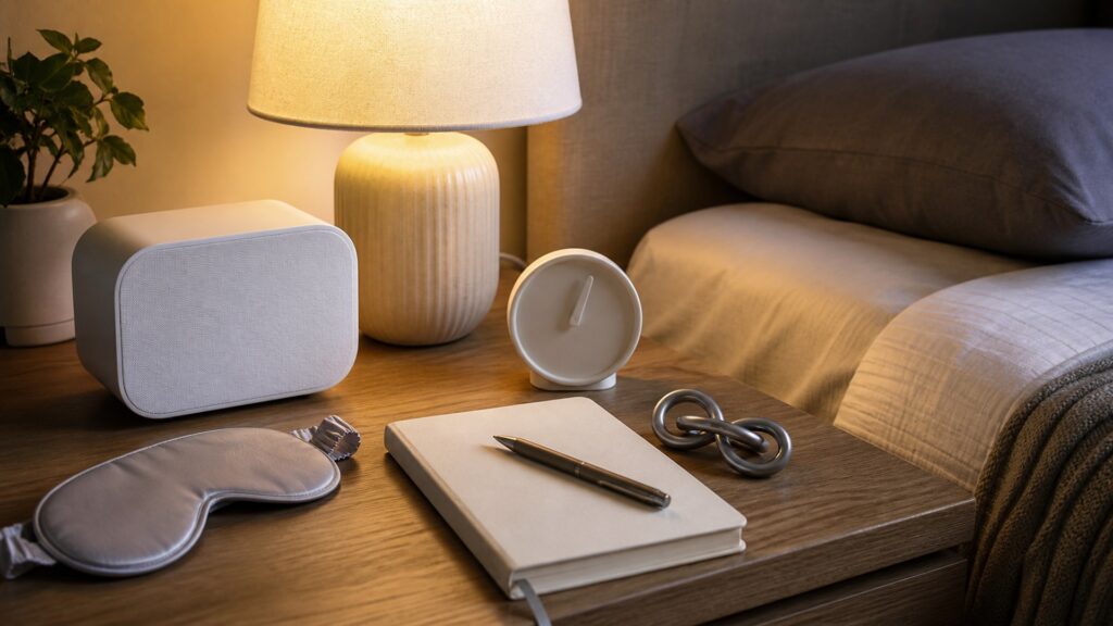 generic focus and cognitive tools with headphones, timer, tactile fidget object, blank notebook, and desk accessories