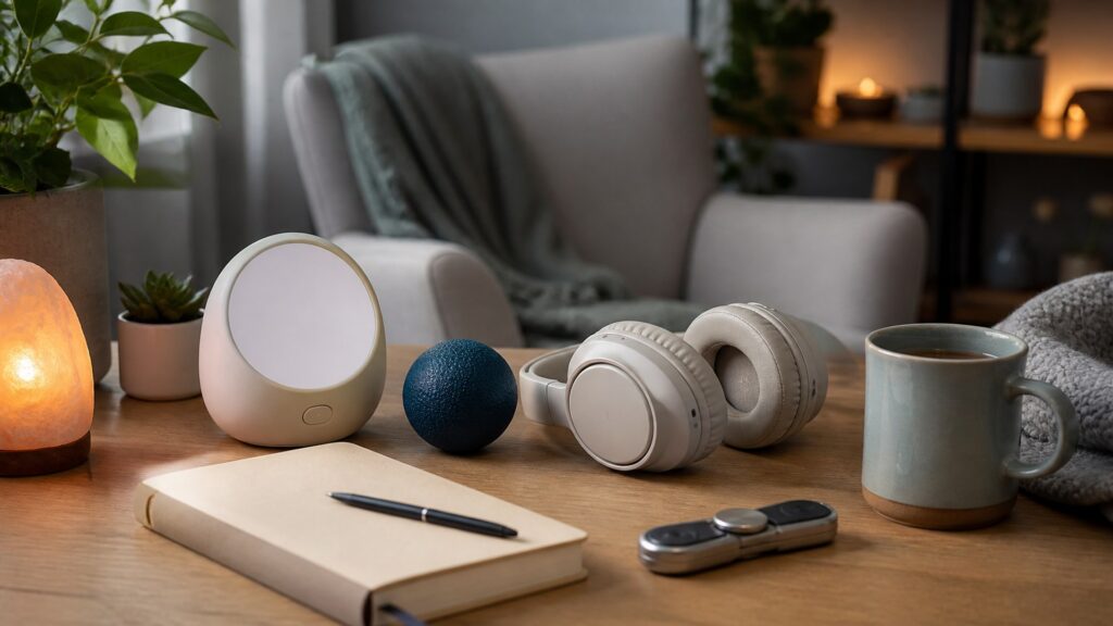 generic focus and cognitive tools with headphones, timer, tactile fidget object, blank notebook, and desk accessories