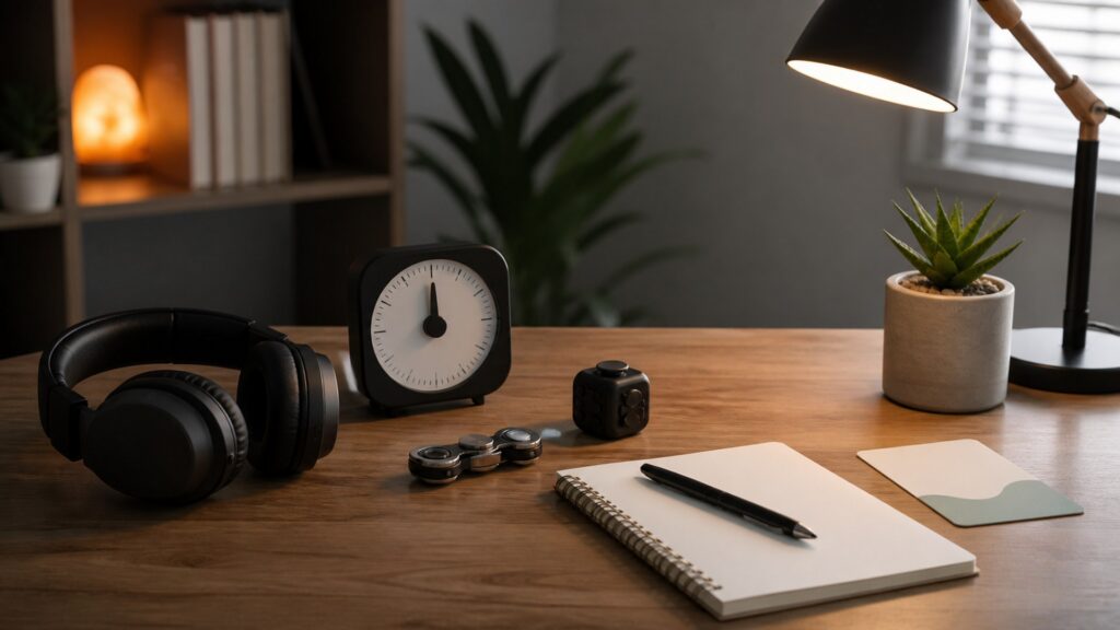 generic focus and cognitive tools with headphones, timer, tactile fidget object, blank notebook, and desk accessories