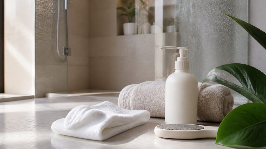 Unbranded editorial scene illustrating foot care for daily showers