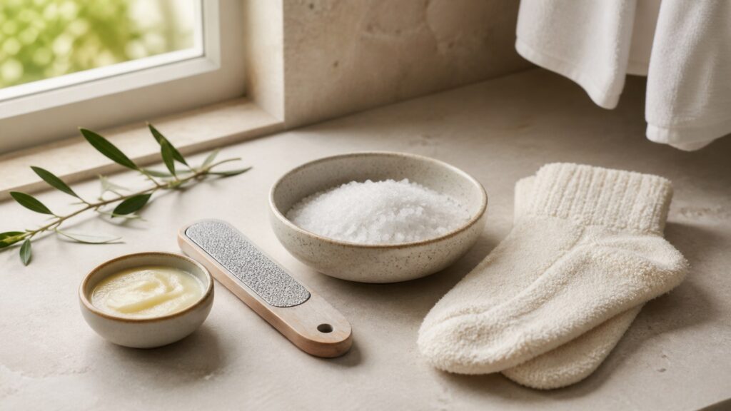 Unbranded editorial scene illustrating foot care for persistent dryness