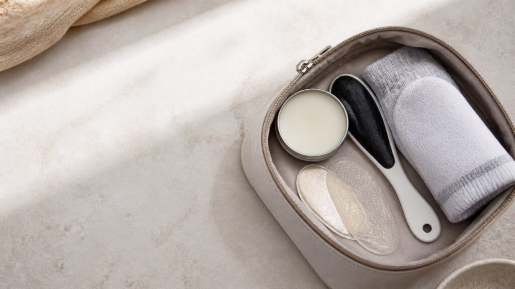Unbranded editorial scene illustrating foot care for travel kits