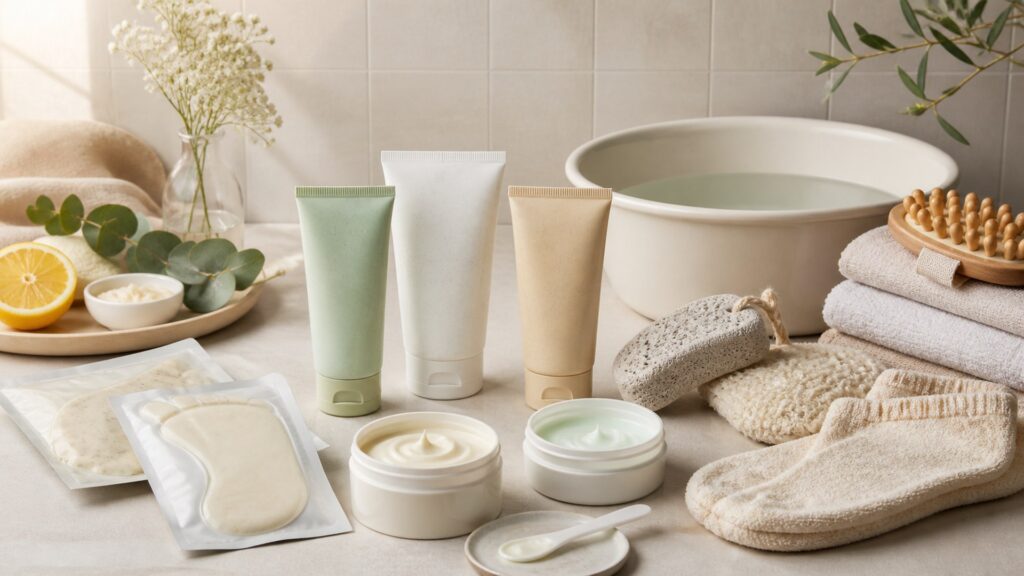 Unbranded foot creams arranged for a scent and formula preferences buying guide
