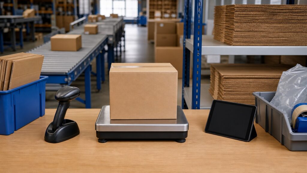 unbranded fulfillment workbench with sealed parcels, barcode scanner, shipping scale, packing materials, inventory bins, and blank order tablet for a ecommerce orders buying decision