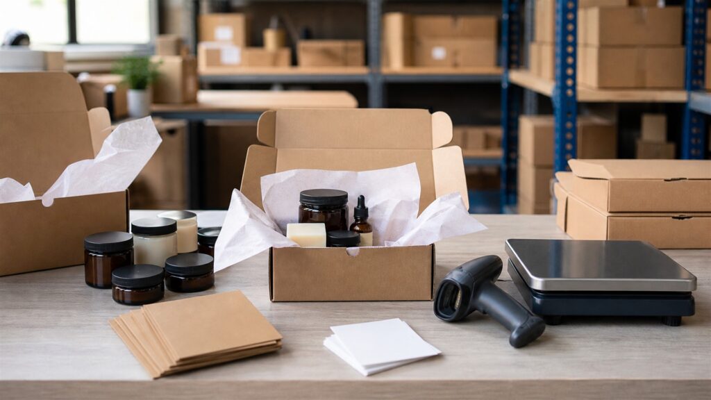 unbranded fulfillment workbench with sealed parcels, barcode scanner, shipping scale, packing materials, inventory bins, and blank order tablet for a label printing buying decision