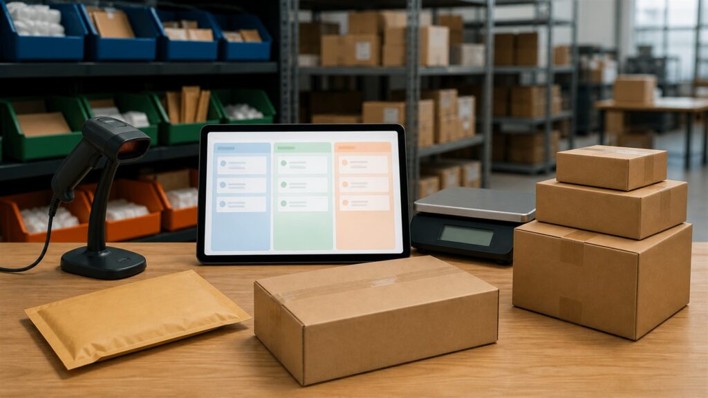 unbranded fulfillment workbench with sealed parcels, barcode scanner, shipping scale, packing materials, inventory bins, and blank order tablet for a subscription boxes buying decision