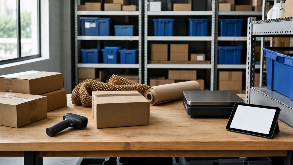 unbranded fulfillment workbench with sealed parcels, barcode scanner, shipping scale, packing materials, inventory bins, and blank order tablet for a general selection buying decision