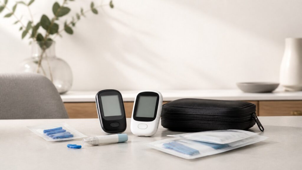 Unbranded glucose monitoring devices products arranged for a careful buying comparison